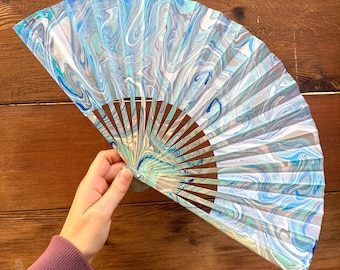 Light Blue Marbled Hand Fan – HANDMADE Folding Travel Fan, Decorative Ocean Beach Vacation Gift, Unique Trippy Festival Fan, Sky Pastel Fan