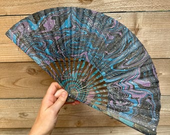 Marbled Galaxy Star Hand Fan, HANDMADE Folding Travel Gift, Decorative Space Universe Constellations Painted Festival Concert Accessory