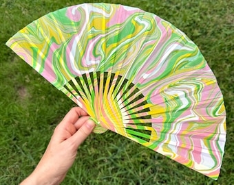 Green Yellow Pink Marbled Hand Fan – HANDMADE Folding Travel Gift, Decorative Poolside Vacation Gift, Unique Statement Festival Accessory