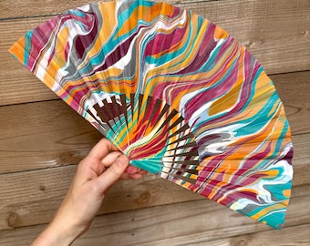 Colorful Jewel Marbled Hand Fan, HANDMADE Folding Travel Gift, Decorative Multicolor Rainbow Painted Statement Festival Concert Accessory