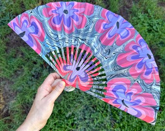 Purple Red Flowers Marbled Hand Fan, Folding Travel Vacation Gift, Fun Groovy Cooling Painted Trippy Festival Concert Fan Accessory