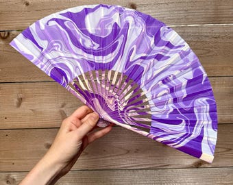 Purple Lavender Marbled Hand Fan, Cute HANDMADE Folding Lightweight Travel Gift, Decorative Cooling Fan, Pastel Festival Feminine Girly Fan
