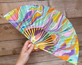 Colorful Marbled Hand Fan, HANDMADE Folding Travel Gift, Decorative Multicolor Trippy Rainbow Pride Statement Festival Concert Accessory
