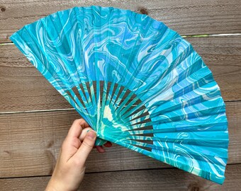 Aqua Blue Pastel Marbled Hand Fan – HANDMADE Folding Travel Gift, Decorative Cooling Poolside Beach Vacation Gift, Unique Festival Accessory