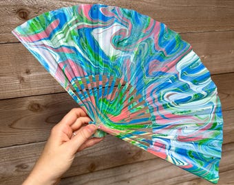 Pink Green Blue Marbled Hand Fan, Cute HANDMADE Folding Lightweight Travel Gift, Decorative Cooling Fan, Colorful Bright Spring Festival