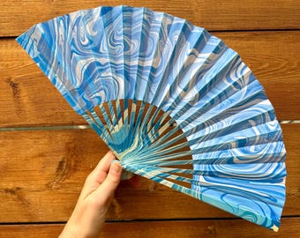 Blue Marbled Hand Fan – HANDMADE Folding Travel Gift, Decorative Beach Holiday Vacation Fan, Unique Ocean Wave Trippy Festival, Hand Painted