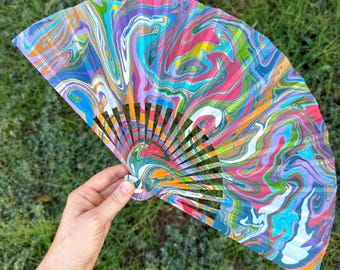 Colorful Marbled Hand Fan, HANDMADE Folding Travel Gift, Decorative Multicolor Trippy Rainbow Painted Statement Festival Concert Accessory