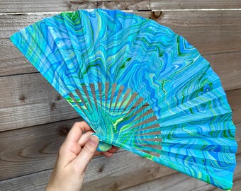 Aqua Blue Green Marbled Hand Fan – HANDMADE Travel Gift, Decorative Cooling Poolside Beach Vacation Gift, Unique Festival Fan Pool Accessory