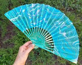 Aqua Turquoise Marbled Hand Fan – HANDMADE Folding Travel Gift, Decorative Cooling Poolside Beach Vacation Gift, Unique Festival Accessory