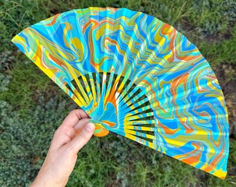 Tropical Orange Blue Marbled Hand Fan, HANDMADE Folding Travel Gift, Decorative Hand Painted Concert Fan, Trippy Happy Festival Accessory
