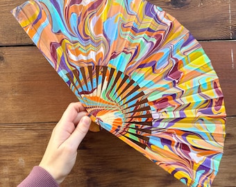 Colorful Marbled Hand Fan, HANDMADE Folding Travel Gift, Decorative Hand Painted Concert Fan, Multicolor Trippy Statement Festival Accessory