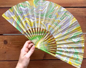 Green Yellow Marbled Hand Fan – HANDMADE Folding Travel Gift, Decorative Poolside Vacation Gift, Unique Statement Festival Fan Accessory