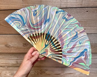 Earthy Marbled Hand Fan – HANDMADE Folding Travel Gift, Decorative Neutral Natural Vacation Fan, Unique Trippy Cool Portable Festival Fan