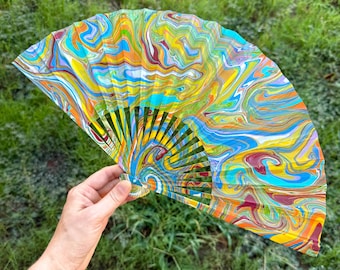 Colorful Marbled Hand Fan, HANDMADE Folding Travel Gift, Decorative Multicolor Trippy Rainbow Painted Statement Festival Concert Accessory