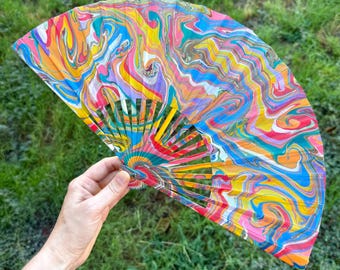 Colorful Marbled Hand Fan, HANDMADE Folding Travel Gift, Decorative Multicolor Trippy Rainbow Painted Statement Festival Concert Accessory