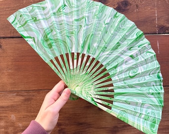 Green White Marbled Hand Fan – HANDMADE Folding Travel Gift, Decorative Poolside Vacation Gift, Unique Statement Festival Fan Accessory