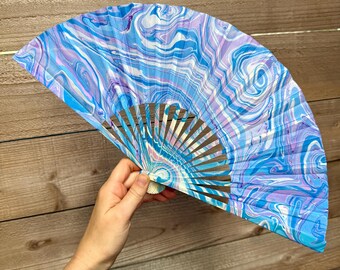 Purple Blue Marbled Hand Fan – HANDMADE Folding Travel Gift, Decorative Cooling Vacation Gift, Unique Trippy Cooling Festival Statement Fan