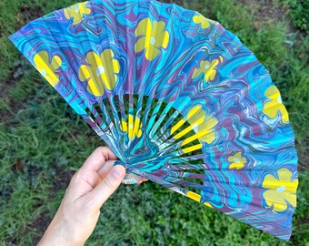 Yellow Flowers Marbled Hand Fan, Folding Lightweight Travel Vacation Gift, Fun Groovy Cooling Painted Trippy Festival Concert Fan Accessory