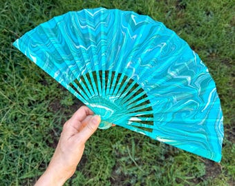Aqua Turquoise Marbled Hand Fan – HANDMADE Folding Travel Gift, Decorative Cooling Poolside Beach Vacation Gift, Unique Festival Accessory