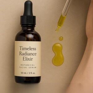 Könnte beinhalten: Eine braune Glasflasche mit "Timeless Radiance Elixir" botanischem Gesichtsserum mit einer schwarzen Pipette. Die Flasche befindet sich neben einer Pipette, die eine gelbe Flüssigkeit abgibt, und einem kleinen Serumtropfen. Die Flasche enthält 60 ml.