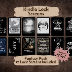 Può includere: Una collezione di 12 schermate di blocco Kindle a tema fantasy. Ogni schermo mostra citazioni, draghi e immagini legate ai libri. Gli schermi sono disposti su uno sfondo marrone scuro, con testo che recita "Kindle Lock Screens" e "Fantasy Pack 12 Lock Screens Included".