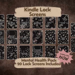 Może przedstawiać: Zestaw 20 ekranów blokady Kindle z kwiatowymi wzorami i inspirującymi cytatami. Ekrany są czarne z białymi i szarymi wzorami kwiatowymi. Tekst zawiera "Kindle Lock Screens" i "Mental Health Pack".