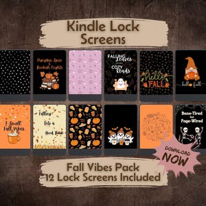 May include: A collection of 12 digital Kindle lock screens featuring autumn-themed illustrations, including pumpkins, ghosts, skeletons, and coffee cups, with text such as Pumpkin Spice & Bookish Nights, Falling Leaves, Hello Fall, I Smell Fall Vibes, and Bone-Tired but Page-Wired.