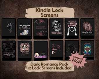 Op de afbeelding: Een verzameling van 12 Kindle-vergrendelschermen met een donker romantisch thema. Elk scherm toont gotische beelden, waaronder schedels, rozen, vlinders en tekst zoals "Trigger Warning". De schermen hebben een zwarte achtergrond.
