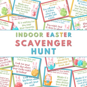 印刷可能な屋内イースター宝探しゲームと子供向け宝探しゲーム - かわいいウサギとイースターエッグがテーマ - イースターバニーからの手紙付き