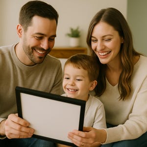 May include: A family of three, a man, a woman, and a young boy, are looking at a blank picture frame. The man is wearing a beige sweater, the woman is wearing a cream sweater, and the boy is wearing a white shirt. They are all smiling.