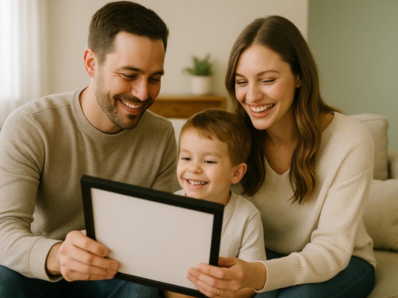 May include: A family of three, a man, a woman, and a young boy, are looking at a blank picture frame. The man is wearing a beige sweater, the woman is wearing a cream sweater, and the boy is wearing a white shirt. They are all smiling.