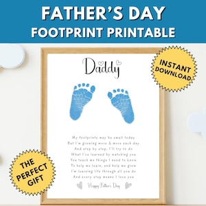 Puede incluir: Tarjeta del Día del Padre imprimible con un diseño de huella de pie azul y el texto "Papá". La tarjeta incluye un poema sobre las huellas de los pies en crecimiento de un niño y el amor por su padre. El texto "El regalo perfecto" está en un círculo amarillo.