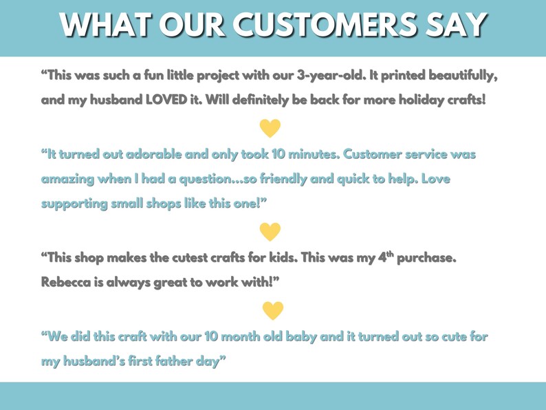 May include: A blue and white background with the text "WHAT OUR CUSTOMERS SAY" in black.  Four customer reviews are displayed in white text with yellow hearts.  The reviews are positive and highlight the quality of the products and customer service.