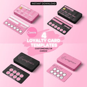 4つのロイヤルティカードCanvaテンプレート、ピンクと黒の編集可能な名刺、カスタマイズ可能なクレジットカード、DIY顧客報酬カード、サンキューカード
