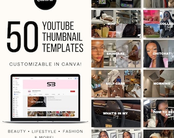 May include: A collage of 50 customisable YouTube thumbnail templates, featuring a variety of lifestyle and beauty themes. The templates are designed to be used with Canva, a popular graphic design platform. The text "50 YouTube Thumbnail Templates" and "CUSTOMIZABLE IN CANVA!" is displayed in large, bold font. The text "BEAUTY • LIFESTYLE • FASHION & MORE!" is displayed in smaller font. The text "*PICTURES NOT INCLUDED*" is displayed in even smaller font.