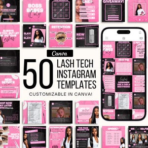 Eyelash Technician Instagram Templates: Pink & Black Canva Posts (Digital Download)