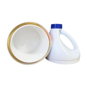 May include: A white plastic container with a blue cap and handle, next to a roll of clear tape with a gold-colored edge. The container is likely for household cleaning products.