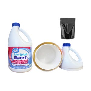May include: A collection of cleaning supplies, including a white plastic bleach bottle with a blue cap and handle, a black pouch, and a white container. The bleach bottle has red and blue labels with the text "Low-Splash Bleach".