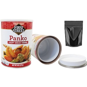 May include: A white can with a red label that says "First Street" and "Panko Crispy Bread Crumbs". The can is open and the lid is off. The can is filled with breadcrumbs. There is a black plastic bag and a white lid with a silver rim.