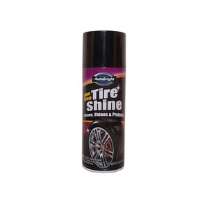 May include: A black can of AutoBright One Step Tyre Shine. The can has a purple label with white text that reads "AutoBright One Step Tyre Shine Cleans, Shines & Protects". The can also features a picture of a tyre with a silver rim.