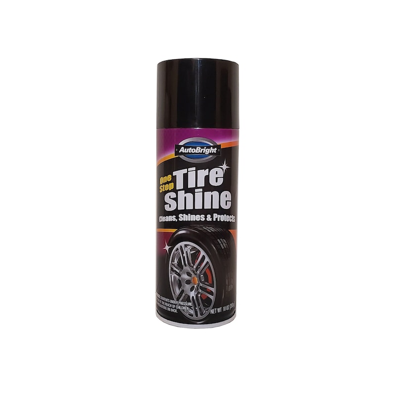 May include: A black can of AutoBright One Step Tyre Shine. The can has a purple label with white text that reads "AutoBright One Step Tyre Shine Cleans, Shines & Protects". The can also features a picture of a tyre with a silver rim.