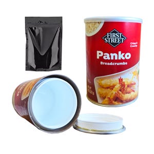 May include: A red First Street Panko Breadcrumbs canister with a white lid, a black pouch, and an empty canister showing a white interior. The label features the text First Street, Panko, Breadcrumbs, Crispy & Crunchy, and Net Wt 8 oz (227 g).