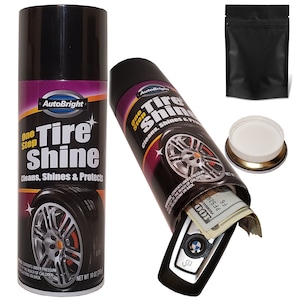 May include: A black can with a tyre shine label. The can is a secret stash container that opens to reveal a hidden compartment. The compartment contains a car key and cash.