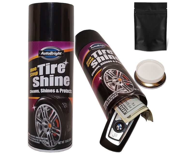 May include: A black can with a tyre shine label. The can is a secret stash container that opens to reveal a hidden compartment. The compartment contains a car key and cash.