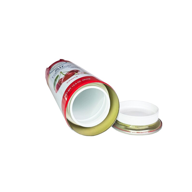 Puede incluir: Una lata roja y blanca con un gr&aacute;fico de cereza y el texto "Air Freshener Cherry" y "Net Wt 12.5 oz (354g)". La lata est&aacute; abierta y la tapa est&aacute; quitada. La lata es un contenedor de almacenamiento secreto.
