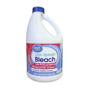 May include: A white plastic bottle of Great Value Low-Splash Bleach with a blue cap and handle. The label features the text "Low-Splash Bleach" and states it kills 99.9% of germs and the COVID-19 virus. The bottle contains 2.39 liters.