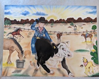 Prison Art - Daddy&#39;s Little Cowboy - Bull riding - Texas Sunset - Watercolor - Chalk
