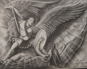 Prison Pencil Drawing - Angels Battle - Religious - Spiritual Warfare - Ephesians 6