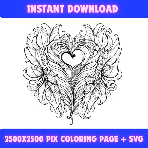 Valentine's Day Heart with Feathers Coloring Page, valentine doodle, Adults Printable Coloring Book, Printable, circuit design, SVG, PNG,PDF