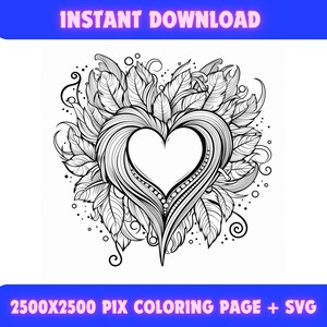 Valentine's Day Heart with Feathers Coloring Page, valentine doodle, Adults Printable Coloring Book, Printable, circuit design, SVG, PNG,PDF